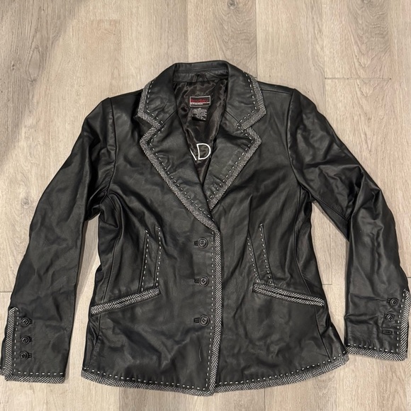 Bradley Bayou Women's Vintage Leather Jacket, Black W/Houndstooth Trim, Size Med - Picture 1 of 6